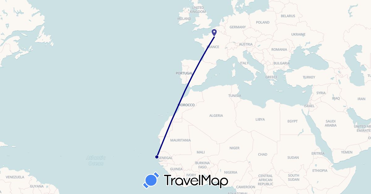 TravelMap itinerary: driving in France, Senegal (Africa, Europe)